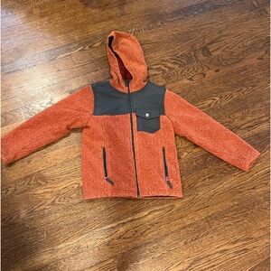REI kids heavy weight fleece full zip, herringbone pattern. Orange. Small.
